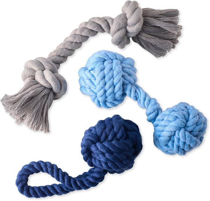 Brady The Rope Tug Toy 3-Pack Organic Cotton Dog Rope Pull Toys for All Pet Breeds, Blue Ombre, One Size