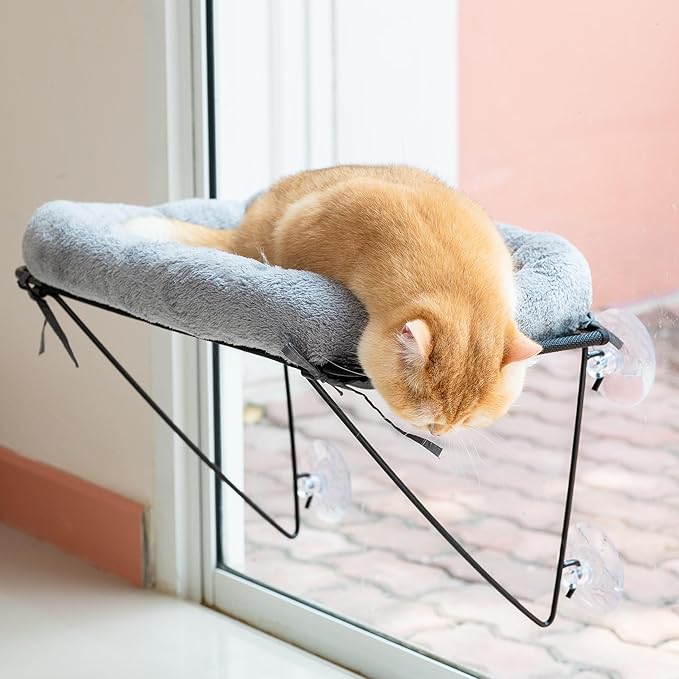 ROOVE Cat Window Perch – Luxury Cozy Hammock with Ultra-Soft Cover, Sturdy Metal Frame & 4 Strong Suction Cups, Durable Window Bed for Large Indoor Cats & Kittens to Lounge, Rest, and Observe (Grey)