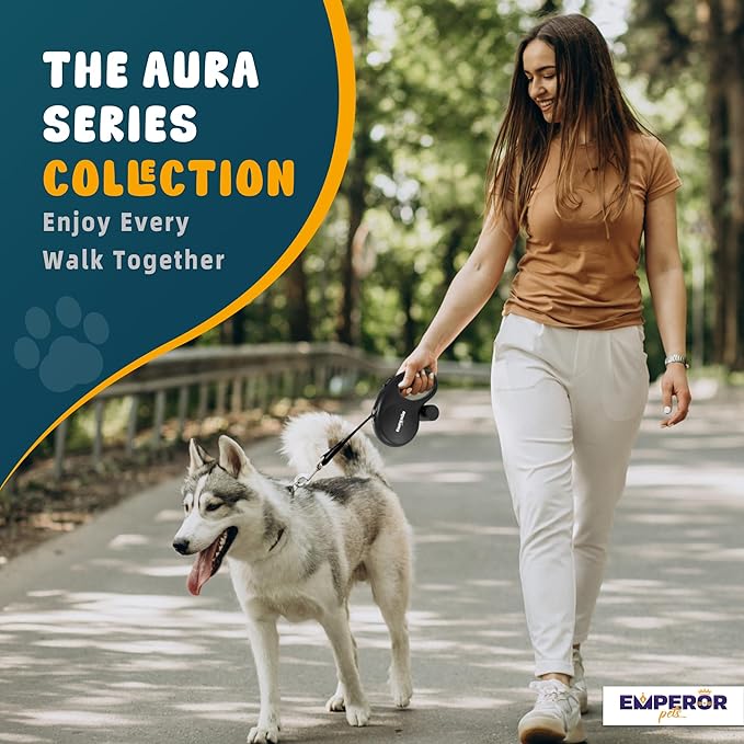 Emperor Pets 16 ft Retractable Dog Leash Black - Heavy Duty Retractable Pet Leash with Anti-Slip Grip for Medium to Large Dogs up to 110 lbs -Aura BB16