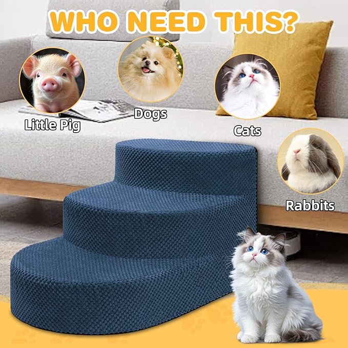 Dog Stairs for Small Dogs, Foam Steps for Small Dogs & Cats, 3 Steps Dog Ramp for High Beds, Couch, Window, Sofa, Pet Stairs with Removable Washable Cover, Non-Slip Sturdy Pet Steps, Navy Blue
