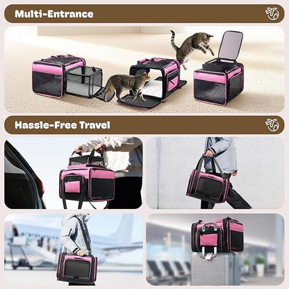 Top and 2 Sides Expandable Cat Carrier 18x11x11, TSA Airline Approved Dog Carriers for Small Dogs, Soft-Sided Pet Carrier with Self-Locking Zippers for Kitten,Rabbit, Puppy, Guinea Pig Pink