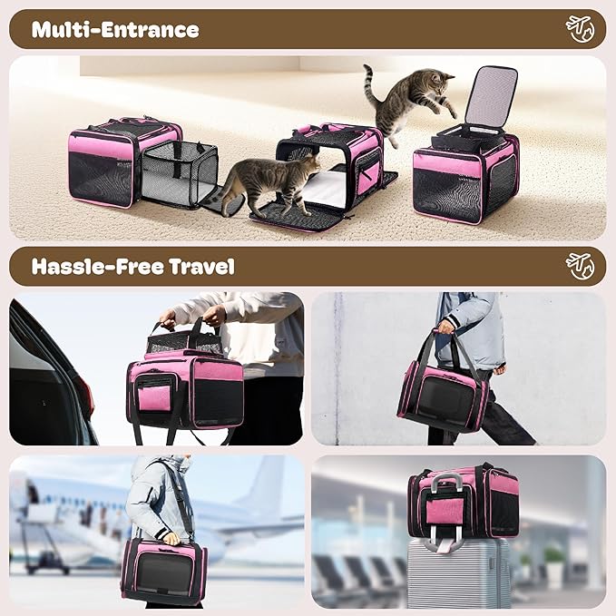 Top and 2 Sides Expandable Pet Carrier 17x11x9.5, TSA Airline Approved Small Dog Carriers for Small Dogs, Soft-Sided Cat Carrier with Self-Locking Zippers for Kitten,Rabbit, Puppy, Guinea Pig Pink