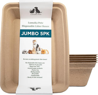 Disposable Cat Litter Box, 5-Pack (Jumbo) – Extra Thick & Sturdy, Leak Resistant, No Scrubbing, Odor Resistant, Biodegradable Recycled Cardboard – Multi-Location Coverage