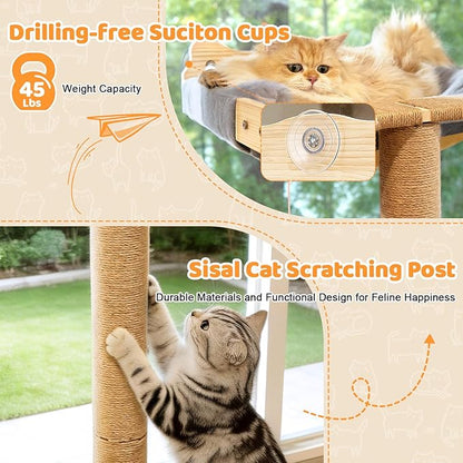 Cat Window Perch with Scratching Post, 46" Adjustable Tall Scratching Posts & Suction Cup – Gray Rabbit Fur Pad, Multi-Level Perch for Climbing, Bird Watching, Play, Supports 45 lbs (Drilling-Free)