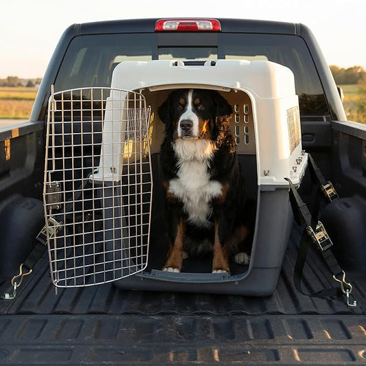 SportPet Airline Compliant XX-LARGE 36" Travel Dog Kennel-Durable Plastic Airline Pet Carrier w/ Removable Wheels & Food Bowls, Collapsible Indoor/Outdoor Dog Kennel, Dogs up to 36"L & 27"H-Cream/Gray