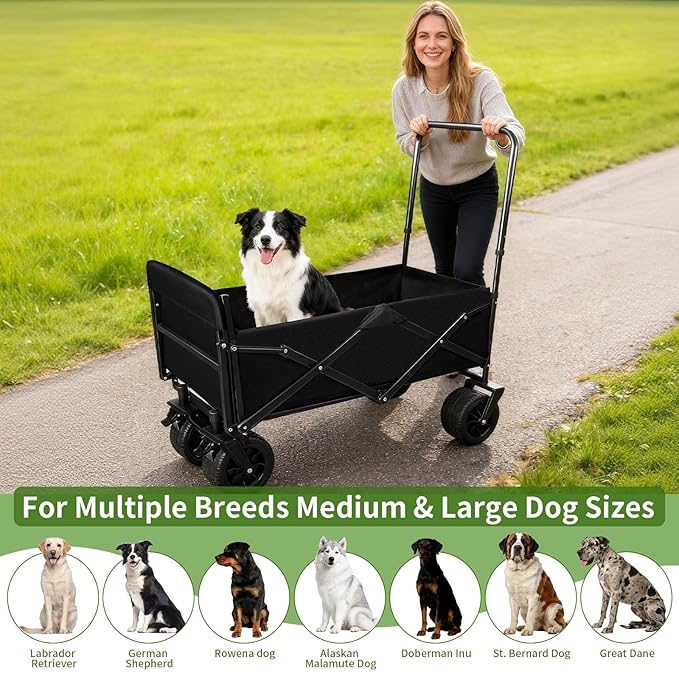 Dog Stroller for Large Dogs,Pet Stroller for Medium Dogs Up to 150lbs,Folding Dog Wagon Cart,Heavy Duty All-Terrain with Adjustable Handle,Storage Organizer,Waterproof Oxford Fiber,Black