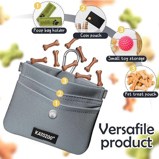 Dog Treat Pouch – Dog Training Pouch with Waterproof Oxford Fabric, Hands-Free Design, Carabiner Clip, Front Pocket, Self-Closing for Outdoor Walks & Puppy Training (Grey)
