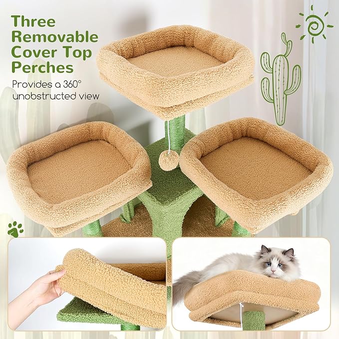 Globlazer Cactus Cat Trees and Towers for Multiple Adult Cats, 82-inch XXL Tall Cat Tree Tower for Indoor Cats with Scratching Post, 3 Perches, 2 Condos, 2 Hanging Baskets, F82, Green