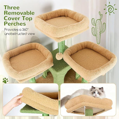 Globlazer Cactus Cat Trees and Towers for Multiple Adult Cats, 82-inch XXL Tall Cat Tree Tower for Indoor Cats with Scratching Post, 3 Perches, 2 Condos, 2 Hanging Baskets, F82, Green