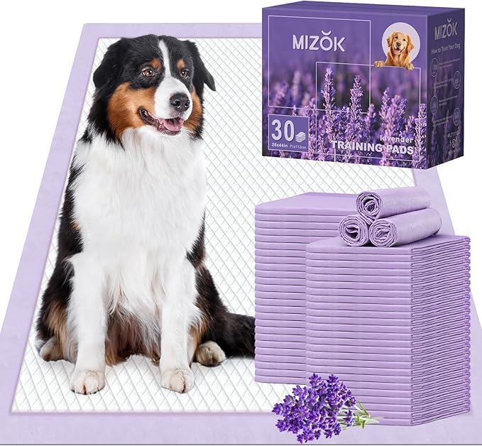 MIZOK Dog Pads Extra Large 28x44in, XXL Potty Pads for Dogs, Keeps Fresh & Clean, Ultra Absorbent Up to 12 Cups, 6 Layers Leak-Proof, Purple Lavender Color (30 Counts)