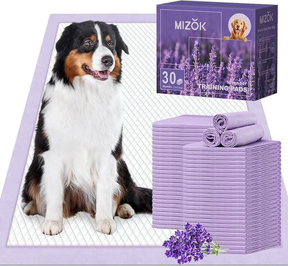 MIZOK Dog Pads Extra Large 28x44in, XXL Potty Pads for Dogs, Keeps Fresh & Clean, Ultra Absorbent Up to 12 Cups, 6 Layers Leak-Proof, Purple Lavender Color (30 Counts)