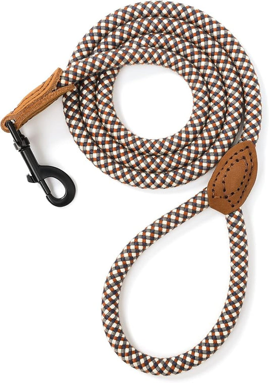 Mile High Life Rope Leash with Genuine Leather Connection, 6 FT/5 FT/4 FT, Heavy Duty Leash for Medium & Large Dogs (Brown, 72 Inch)