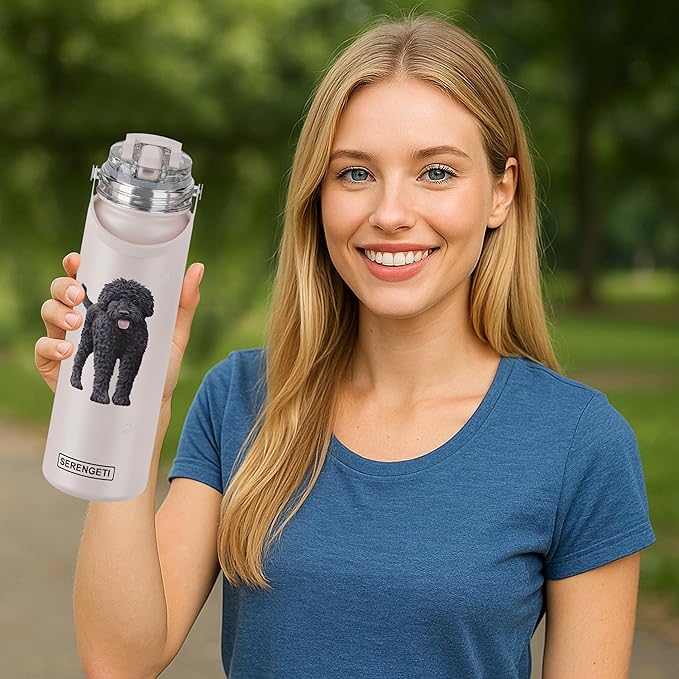 E&S Pets SERENGETI 24 Oz Water Bottle Stainless Steel with Spill Proof Lid - Double walled Vacuum Insulated water flask - Realistic 3D Print of your favorite dog (Labradoodle)