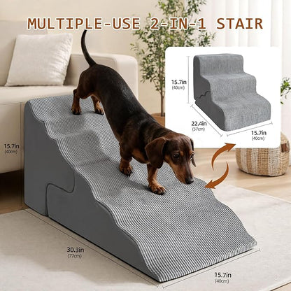 Pet Dog Stairs for Small Dogs, 2 in 1 Transformable 3-Step Pet Stairs and Wave Anti-Fall Slope for Short Legs and Long Legs Dog, for Couch (12-19 in) with Durable Non-Slip Waterproof Cover（Grey）