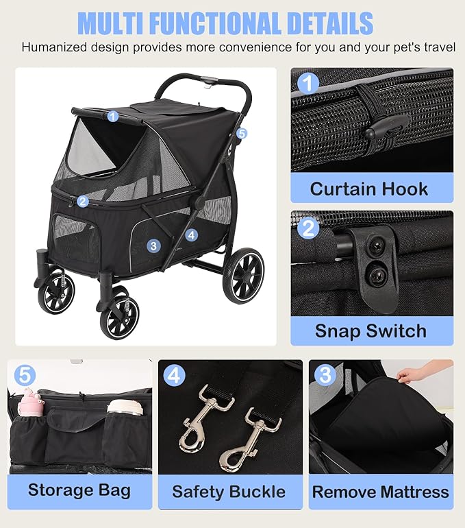 Large Dogs Stroller for Multiple Pets up to 90lbs, Ultra-Breathable Pet Stroller for Medium 2 Dogs，All-Terrain with& Mesh Dual-Window，1680D Waterproof Oxford Fiber (Black)