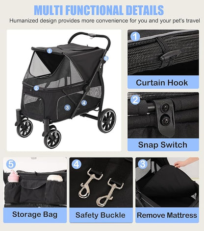Large Dogs Stroller for Multiple Pets up to 90lbs, Ultra-Breathable Pet Stroller for Medium 2 Dogs，All-Terrain with& Mesh Dual-Window，1680D Waterproof Oxford Fiber (Black)