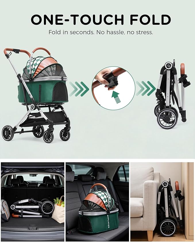 GTPLAYER Pet Stroller for Dogs & Cats, 3-in-1 Foldable Pet Stroller with Detachable Carrier, 360° Swivel Front Wheels & Rear Brakes, Up to 45 lbs, Green