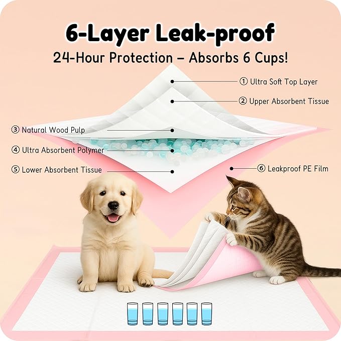 MoMoCo Pink Puppy Pads 23" x 23", 6-Layer Super Absorbent Dog Pee Pads, Leak-Proof Training Pads for Hardwood Floors & Apartments, Flash-Dry Disposable Potty Pads for Puppies & Senior Dogs, 100 Count