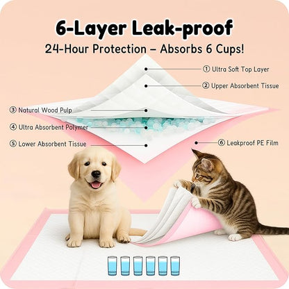 MoMoCo Pink Puppy Pads 23" x 23", 6-Layer Super Absorbent Dog Pee Pads, Leak-Proof Training Pads for Hardwood Floors & Apartments, Flash-Dry Disposable Potty Pads for Puppies & Senior Dogs, 100 Count