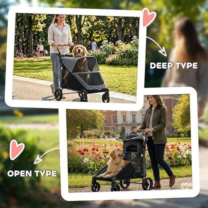 PawHut Dog Stroller for Large Dogs, One-Click Folding 4 Wheel Large Pet Stroller Wagon for Multiple Pets, All Terrain Spring Suspension w/ 8-Position Adjustable Handle, Mesh Window, Up to 66 LBS, Gray