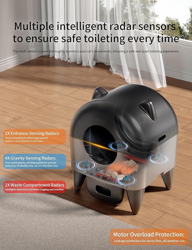 Self Cleaning Litter Box,95L Automatic Self Cleaning Cat Litter Box,Smart Electric Litter Box with App Control 8 Safety Sensors for Multiple Cats,Advanced Odor Control,Night Light OMCPET(Dark Gray)