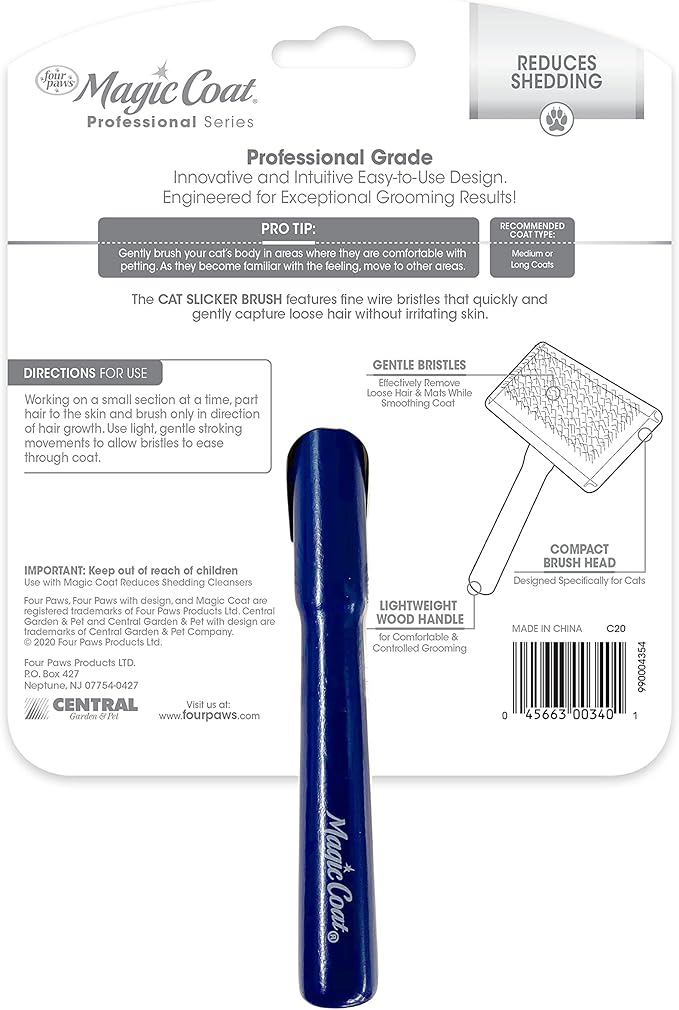 Four Paws Magic Coat Professional Series Cat Slicker Brush for Medium or Long Coats - Gently Removes Excess Hair, Stimulates Natural Oils, Ideal for Cats and Kittens, Lightweight Wood Handle