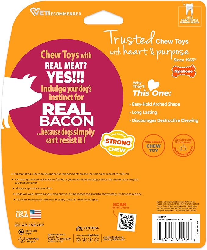 Nylabone Strong Chew Wishbone Dog Toy Made with Real Bacon, Durable Chew Toys for Aggressive Chewers, Long Lasting Dog Bone, Keeps Dogs Busy, Large Breeds - Up to 50 lbs