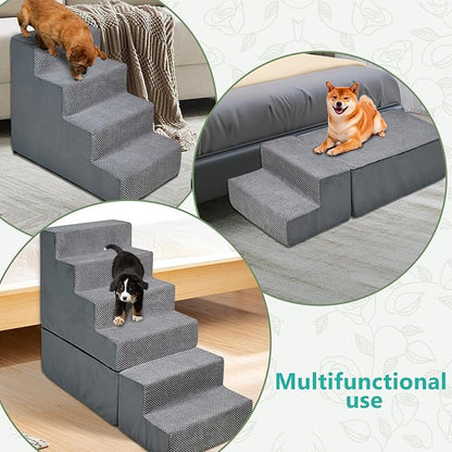 Dog Stairs for Bed 30''H Small Dogs, 6-Step Sturdy Foam Dog Steps for High Bed, Pet Stairs for Older Dogs/Cats/Puppy, Non-Slip Curved Pet Ramp Indoor, Removable Washable Cover, Grey