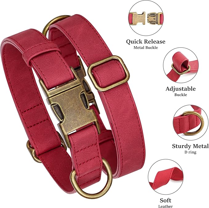 Didog Soft PU Leather Dog Collar, Stylish Quick Released Dog Collars for Small Dogs, Easy Clean Adjustable Pet Collar for Daily Walking, Red, S Fit 10-15" Neck