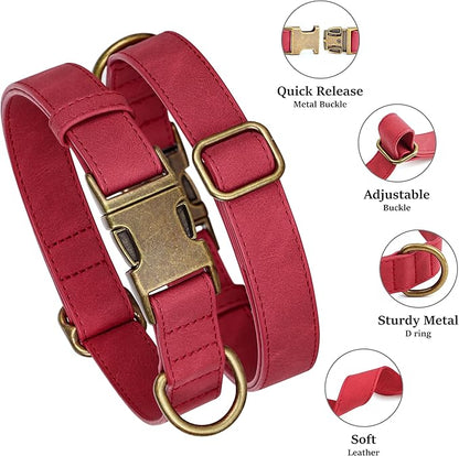 Didog Soft PU Leather Dog Collar, Stylish Quick Released Dog Collar for Large Dogs, Easy Clean Adjustable Pet Collar for Daily Walking, Red, L Fit 16-22" Neck
