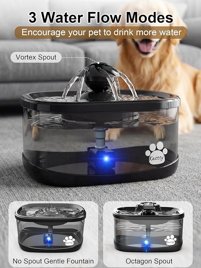 Kastty 9.5L/2.5Gal Dog Water Fountain,Large Pet Water Fountain for Dogs Inside,Quite Dog Water Bowl Dispenser with Water Window & LED,Dog Fountain Water Bowl with Multi-Filtration for Pets(FS82,Black)