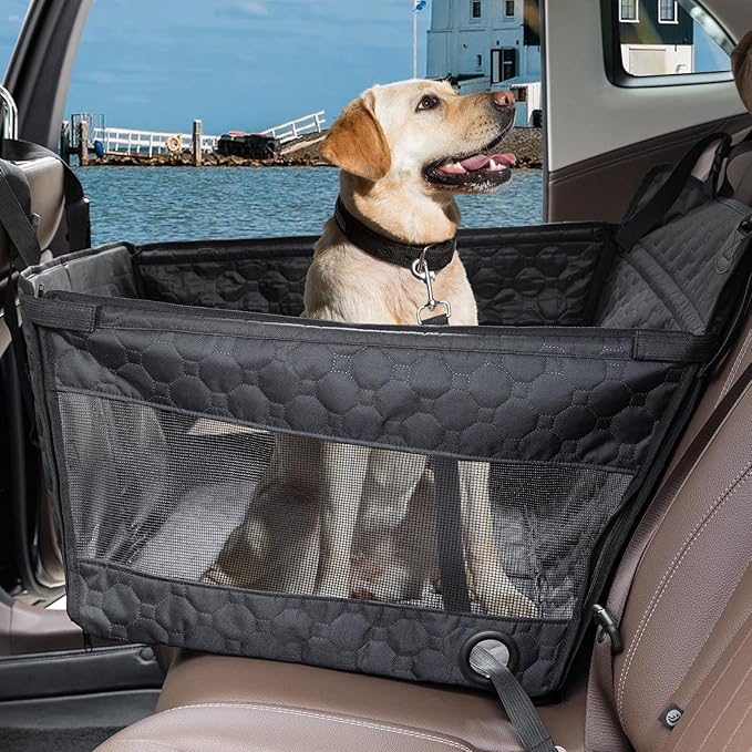 Dog Car Seat for Large Medium Dogs, Dog Car Seat Cover for Back Seat, Foldable Pet CarSeat with Safety Belt, Waterproof Fabric & Breathable Mesh, Back Seat Cover for Dogs Under 40lbs (Large, Black)