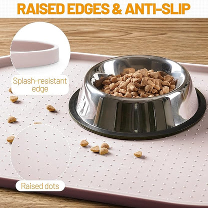 Hubulk 100% Waterproof Silicone Pet Feeding Mat with Raised Edge for Food and Water, Dog Bowl Mats, Cat Bowls Placemat with High Lip Protects Floor for Cats and Dogs (White Sand, 16" L x 10" W)