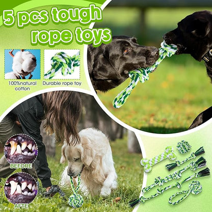 Vinsot 12 Pack Large Dog Chew Toys for Aggressive Chewers Green Dog Gifts Teething Toys with Dental Rope Squeaky Balls and Chew Bone for Medium Large X-Large Breeds Dogs