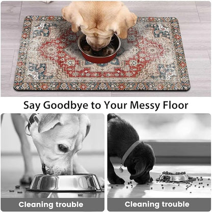 2 Pack Dog Food Mats for Floors, Absorbent and Quick-Drying Pet Cat Food Mat,Anti-Fouling and Easy-to-Clean Pet Feeding Mat,Dog Bowl Mat for Messy Drinking Water Bowls.12 x20+18"x24", Bohemia Style