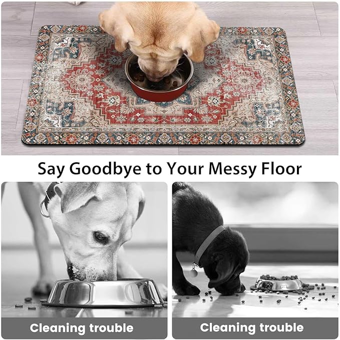 Dog Food Mats for Floors, Absorbent and Quick-Drying Pet Cat Food Mat,Anti-Fouling and Easy-to-Clean Pet Feeding Mat,Dog Bowl Mat for Messy Drinking Water Bowls.12 x20, Bohemia Style