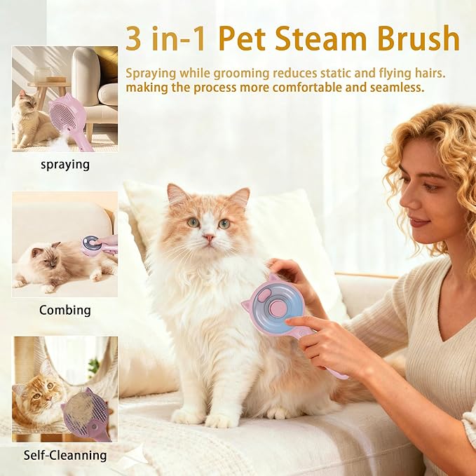 Pet Steam Brush for Cats & Dogs ，3-in-1 Pet Grooming Comb，Reduces Shedding, Soft Bristles, Promotes Healthy Coat-Comes - Includes Waterless Shampoo，Pink