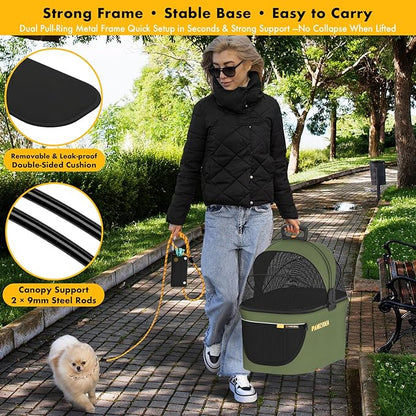 PAWZIDEA Portable Small Dog Crate for Car Travel up 33lbs, Enclosed Dog Car Seat Soft-Sided, Escape-Proof Reversible No-Zip Canopy, Foldable Pet Carrier Seatbelt for Small Medium Puppies & Cats Kennel