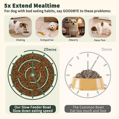 Elevated Slow Feeder Dog Bowl - Ceramic Maze Food Dish with Bamboo Stand - Raised Feeding Bowl for Fast Eaters - Ideal for Small and Medium Dogs - Green - 6.7 inch