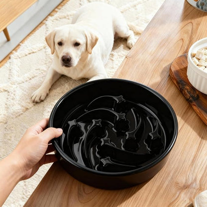 Ceramic Slow Feeder Dog Bowls Large Breed, 2 Cups Slow Eating Dog Bowl, Anti-Gulping Pet Food Bowl Reduce Choking, Heavy Puzzle Maze Design Pet Dishes for Fast Eaters, 8.3 inch - Black