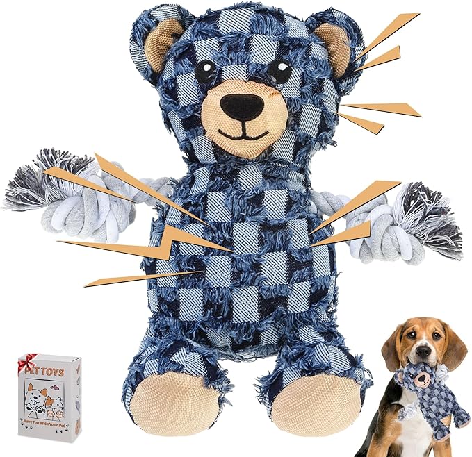 PAWCHIE Squeaky Dog Toys,Robust Bear Chew Dog Toy for Aggressive Chewers,Rope Arm Tug of War&Interactive Puppy Toys to Keep Them Busy for Boredom,Soft Pet Teething Dog Companion, Blue