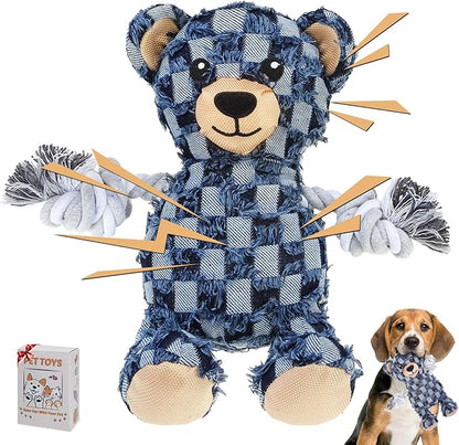 PAWCHIE Squeaky Dog Toys,Robust Bear Chew Dog Toy for Aggressive Chewers,Rope Arm Tug of War&Interactive Puppy Toys to Keep Them Busy for Boredom,Soft Pet Teething Dog Companion, Blue
