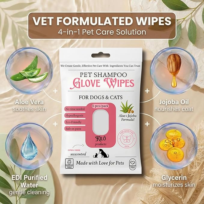 KIL Pet Shampoo Glove Wipes for Dogs & Cats - Hypoallergenic Bath Gloves with Aloe & Jojoba - No Rinse Needed - Deodorizing & Grooming - 6ct Travel Pack