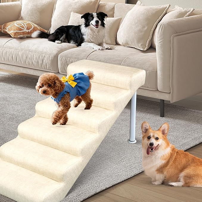 DoCred Adjustable Pet Stairs for Beds & Sofas - 6 Step 21.2"-24.4" H Non-Slip Dog Stairs for Small to Medium Dogs & Cats, Supports up to 150 lbs - Linen Faux Leather Dog Steps