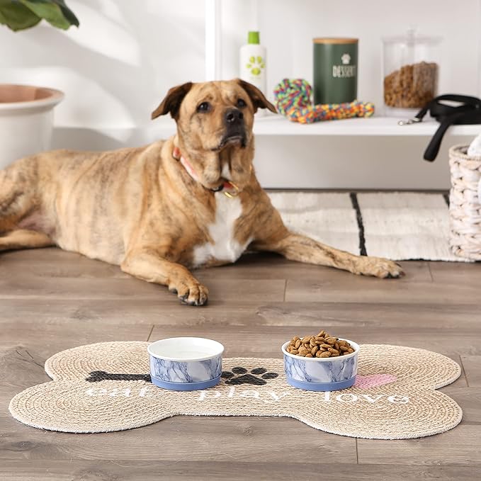 Bone Dry Ceramic Marble Non-Slip Pet Bowls, Dishwasher Safe, Small Set, 4.25x2, Blue, 2 Count