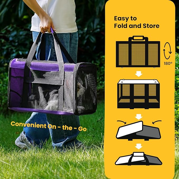 Cat Carrier Bag,Soft-Sided Pet Carriers for Dogs with 4-Sided Mesh,Airline Approved Cat Transport Carrier for Small&Medium Cats Kitten Puppy Up to 15LB,Collapsible Cat Travel Carrier-M,Purple