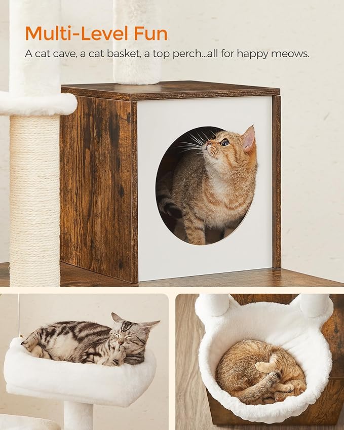 Feandrea Cat Tree with Litter Box Enclosure, 59-Inch Modern Cat Tower, 2-in-1 Condo with Scratching Posts, Washable Removable Cushion, Rustic Brown UPCT113X01