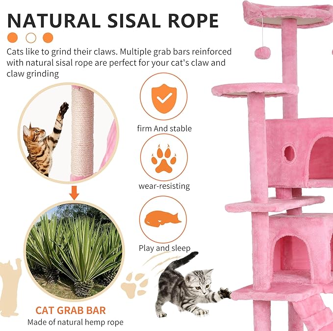 BestPet | 70" Cat Tree Tower | Pink | Sturdy, Easy to Assemble, Multi-Level Activity Center with Sisal Scratching Posts, Condos, Perches, Hanging Cat Toys, Observation Decks & Ladder