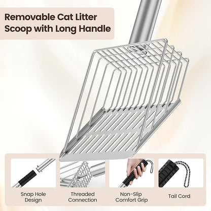 Heavy Duty Metal Cat Litter Scoop with Holder - Speed Sifter Litter Box Scooper Captures All Clumps - Kitty Litter Sifting Shovel Comfy Handle - Easy Clean with Hook（Long）