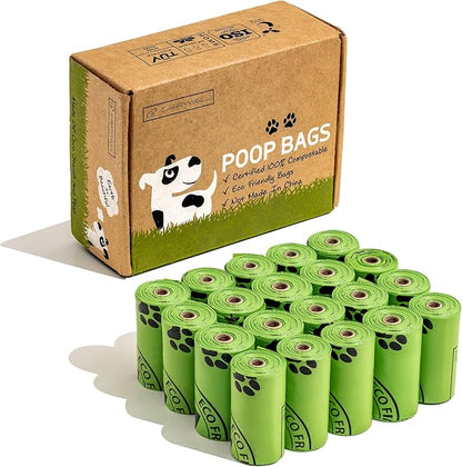(Not Made In China) 100% Certified Home Compostable Dog and Cat Poop Bags, 300 Count, Plant Based Refill Rolls, Leakproof Doggie Waste Bag, Unscented, Corn Starch and PBAT, 100% Home and TUV Certified